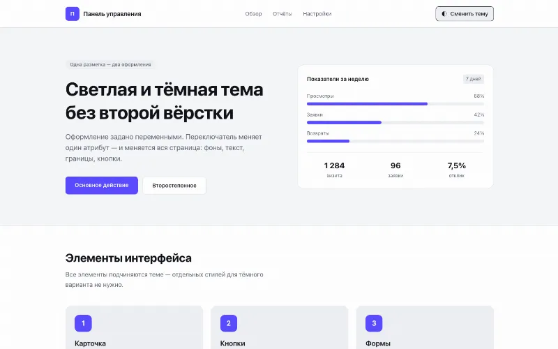 Демонстрационная страница в светлой теме: показатели и элементы интерфейса